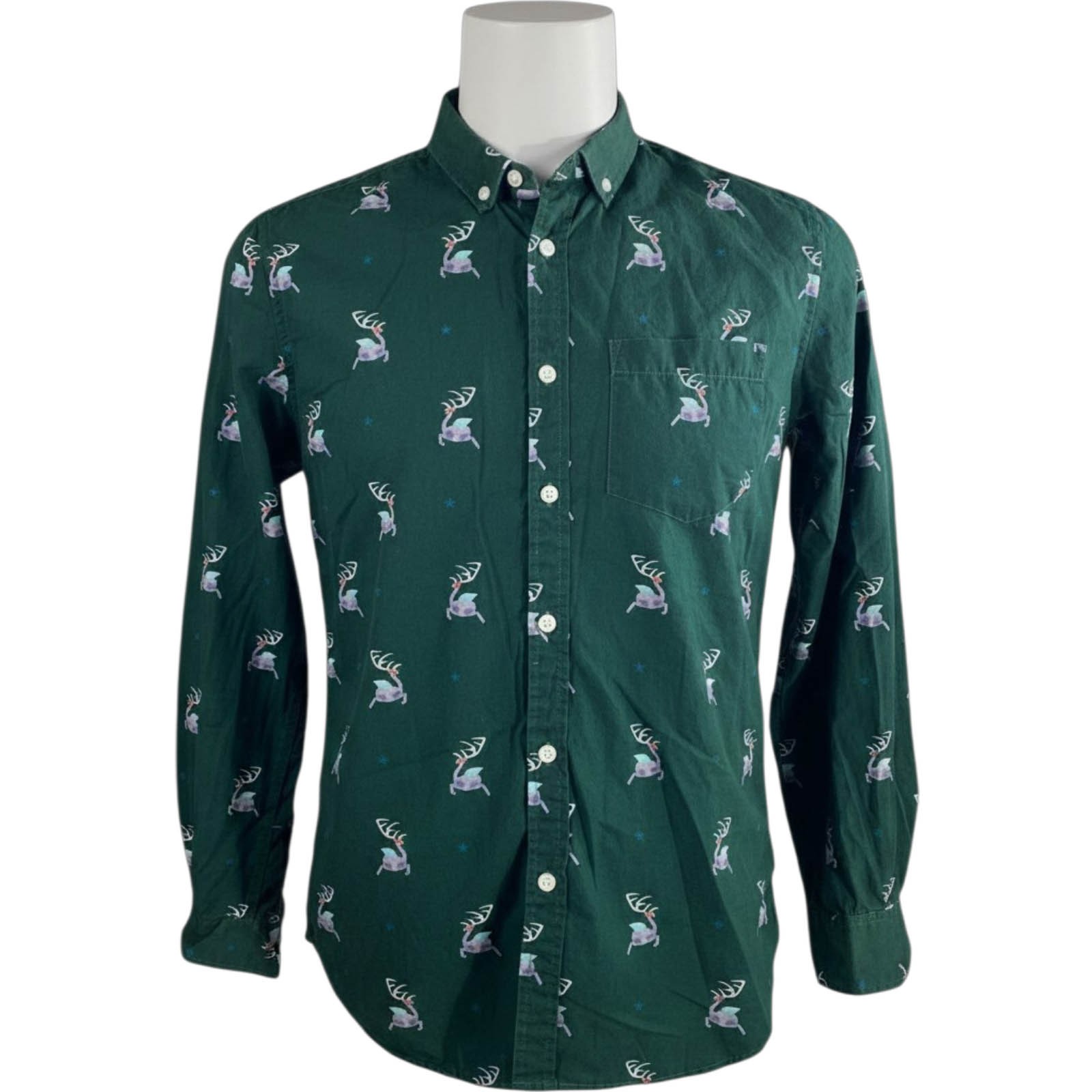 Denim & Flower Reindeer Christmas Shirt Mens Medium Slim Fit Green LS