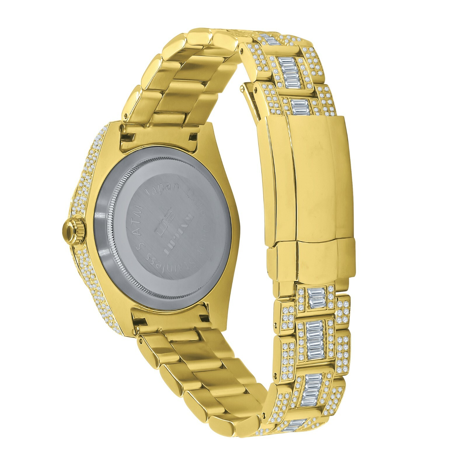 Pre-owned Bling Master - Knight Stainless Steel Men's 18k Yellow Gold Finish Simulated Diamond Watch W/date 42mm