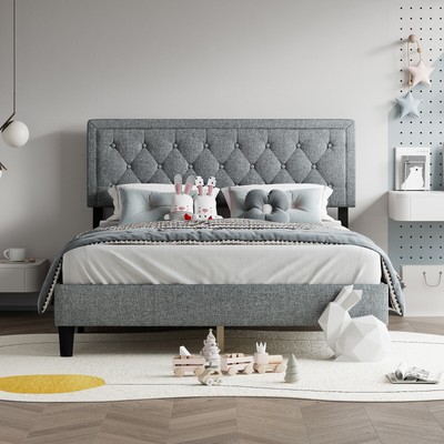 With Adjustable Tufted Headboard, Linen Upholstered