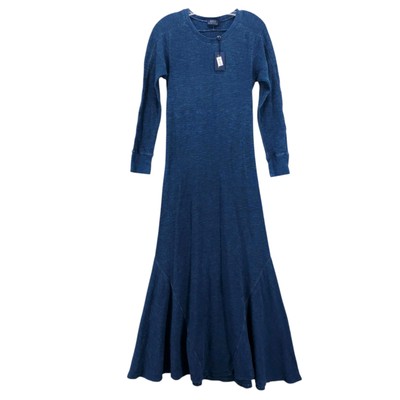 NWT POLO RALPH LAUREN Waffle Knit Maxi Dress Blue Indigo Dyed Flared LARGE
