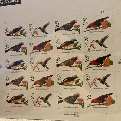 1998 32 cent Tropical Birds full Sheet of 20 Free Shipping Cardinal Carib Colors