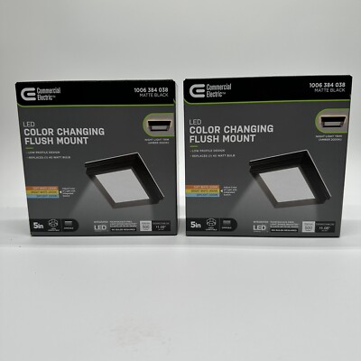 Low Profile 5 in. Matte Black Square LED Flush Mount with Night Light Feature x2