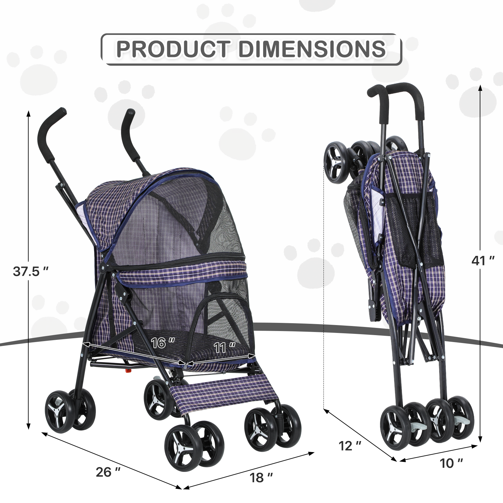 Pet Stroller 4 Wheels Foldable Cat Dog Travel Carrier Skylight w/Storage Basket