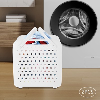 2PCS Foldable Laundry Baskets Laundry Basket With Two Types Of Handle White