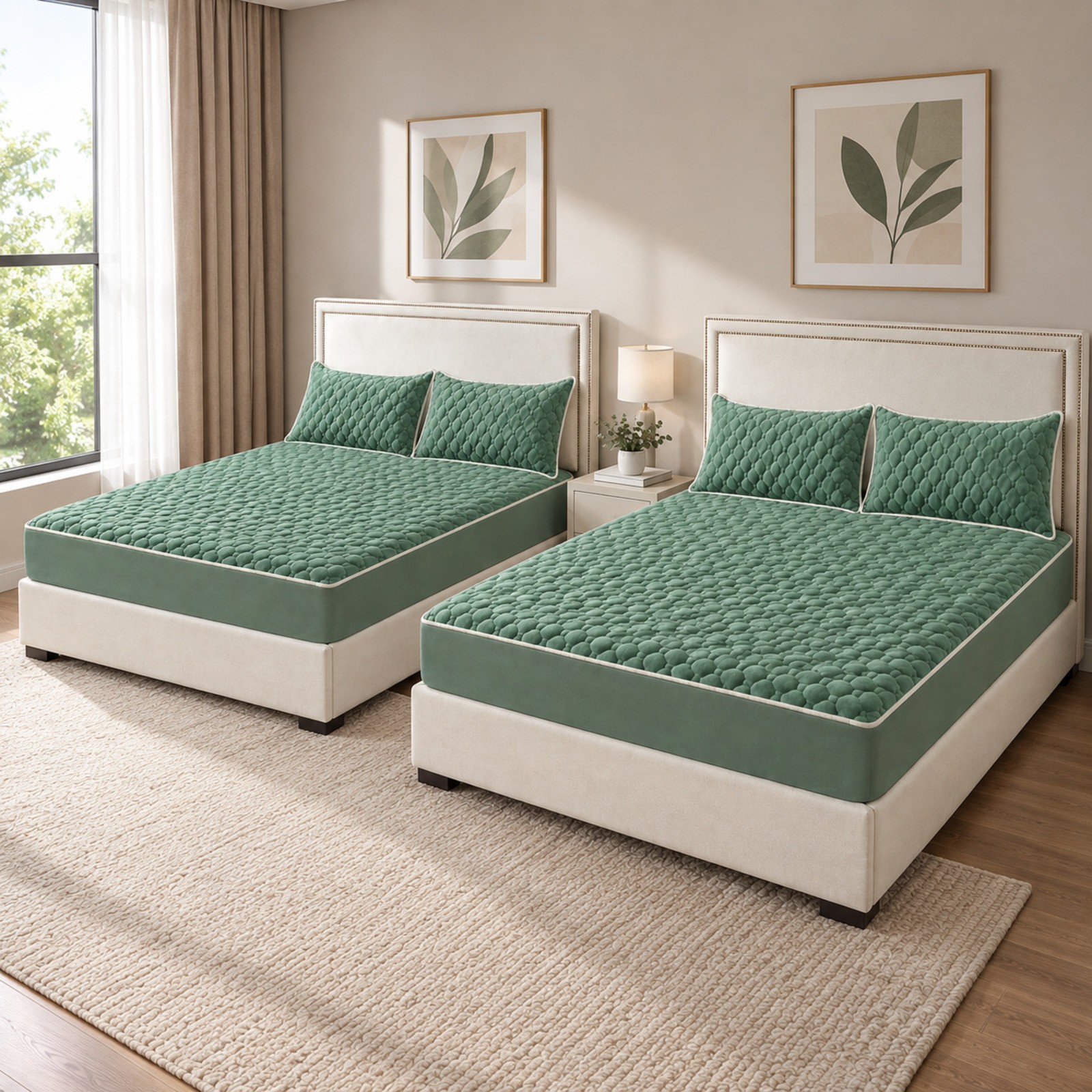 SOGA 2 Pack Green King Clover Quilted Fleece Mattress Cover Sets with 4 Pillowca
