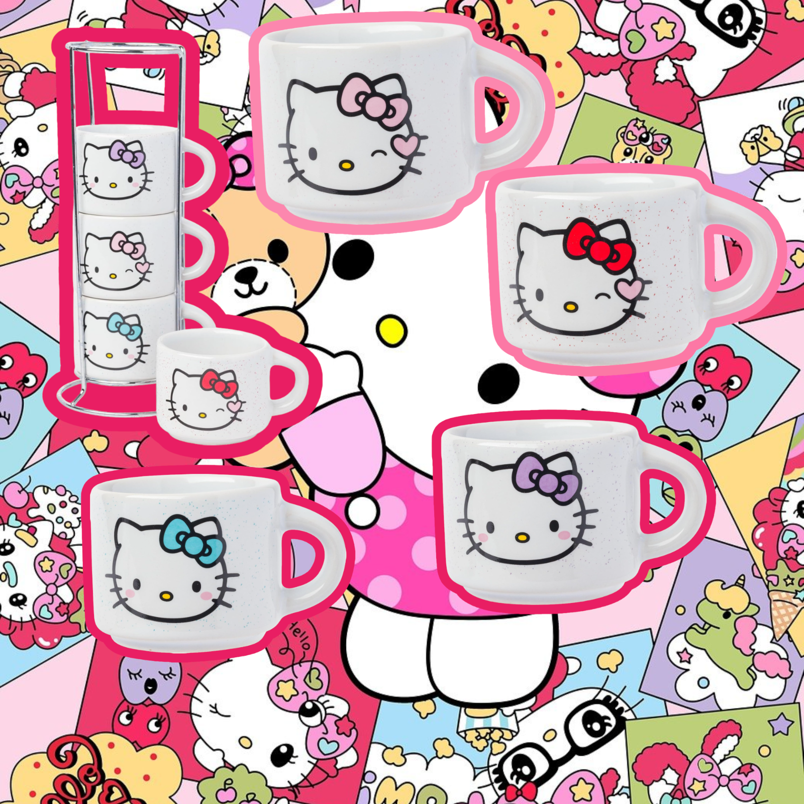 Hello Kitty 4pc Espresso Mug Set - Colorful & Stackable w Hello Kitty 4pc Espresso Mug Set - Colorful & Stackable w