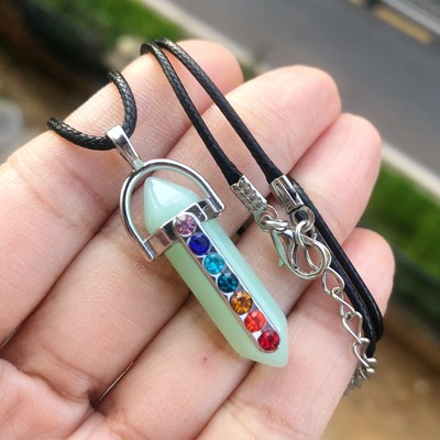 1pcs Aventurine Stone Hexagon Pillar 7 Chakra Crystal Pendant Bullet Necklace
