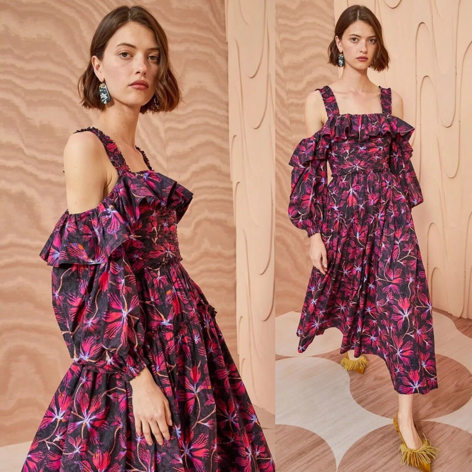 New ULLA JOHNSON 'Caprice' Floral Cold Shoulder Cotton Dress