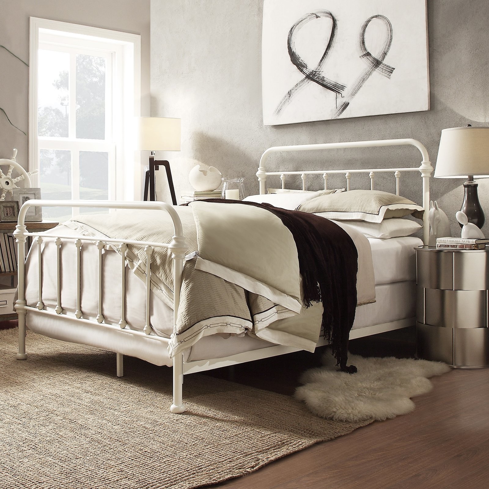 Queen Size Complete Bed Vintage Style Metal Headboard Footboard Spindle Frame
