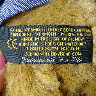 Vermont Teddy Bear Movable Arms and Legs in Denim Dress JENNIFER Brown Authentic