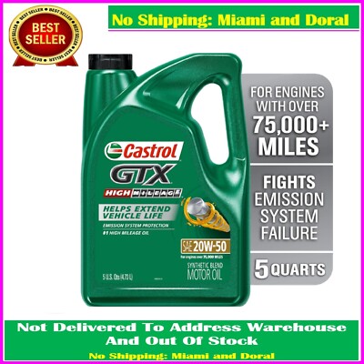 Castrol GTX High Mileage 20W-50 Synthetic Blend Motor Oil, 5 Quarts