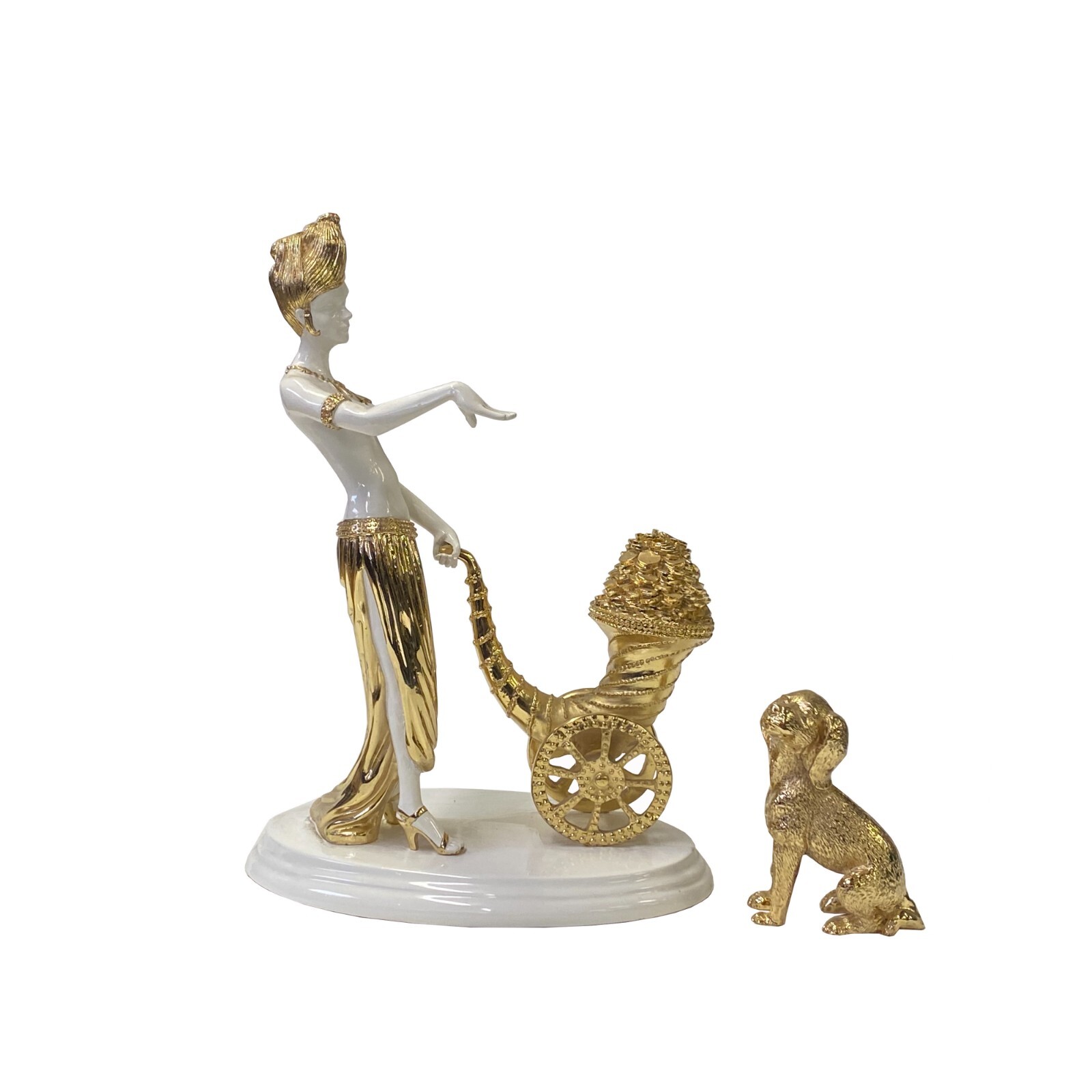 Gold White Coin Cart Lady w Poodle Fiber Glass Decor Figure ws3267S Gold White Coin Cart Lady w Poodle Fiber Glass Decor Figure ws3267S