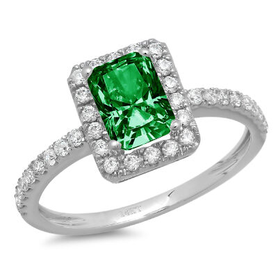 Pre-owned Pucci 1.98 Emerald Halo Simulated Emerald Classic Bridal Ring Solid 14k White Gold