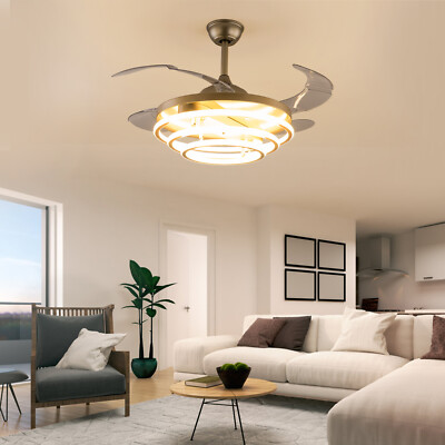 42'' LED Retractable Ceiling Fan Light Flush Mount Dimmable Chandelier w/ Remote