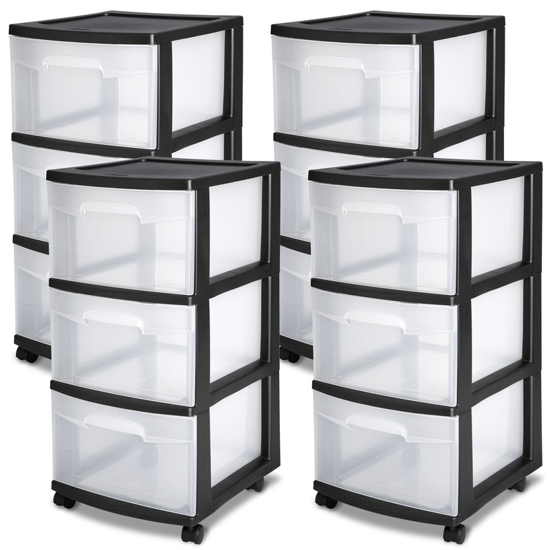 Set Of 4 Plastic Drawer Dresser Storage Carts With Rolling Wheels