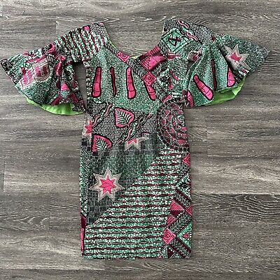 Handmade Pink Green African Batik Patchwork Print Sheath Dress Flare Sleeves