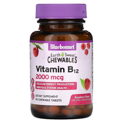 EarthSweet Chewables, Витамин B12, малина, 2000 мкг, 90 жевательных таблеток