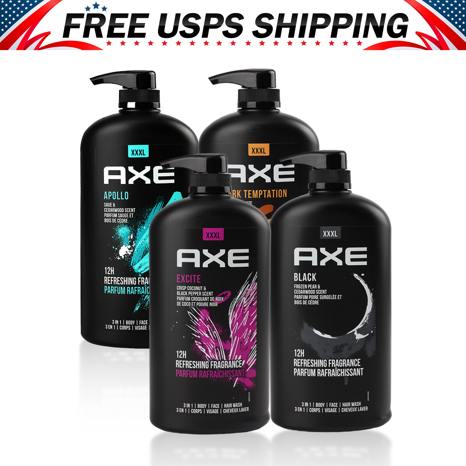 3 in 1 Axe Body Wash Shampoo Face Wash All Day Refreshing 35 fl oz Pump Bottle