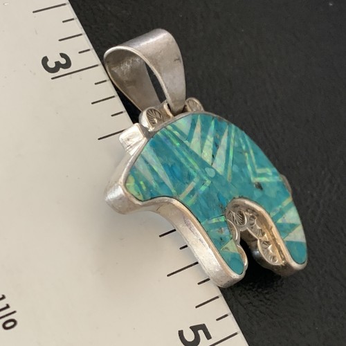 Pre-owned Handmade Mens Blue Turquoise & Opal Bear Navajo Sterling Silver Inlay Pendant 12602