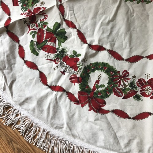 Vintage Christmas Holiday Tablecloth 61” Round White with Trees Ornaments Fringe