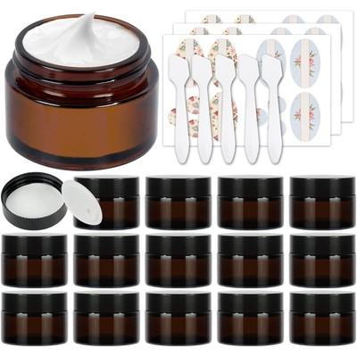 15 Pack 1 oz Empty Amber Glass Jars, 30ml Round Refillable Cosmetic Container...