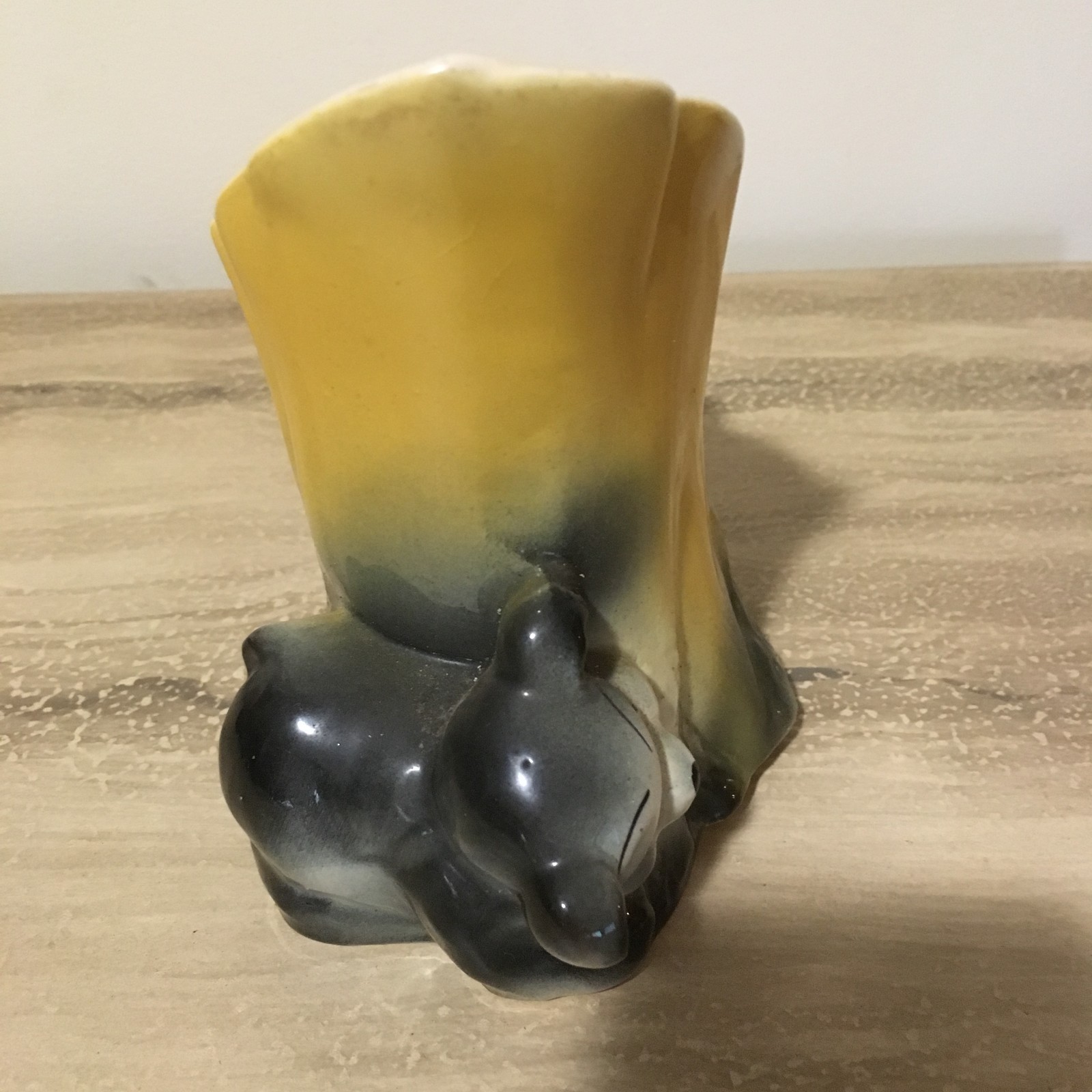 Vintage Black Bear & Tree Trunk Planter - White Yellow Cream Shawnee? Pottery