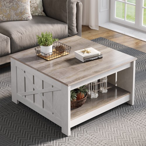 Square Coffee Table Rustic Cocktail Center Table with Bottom Shelf Living Room