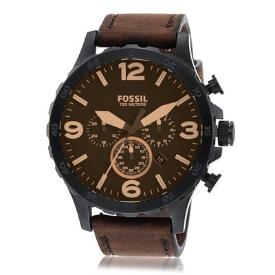 Pre-owned Fossil Nate Analog Black Dial Men's Watch-jr1487 Genuine Leather, Brown Strap
