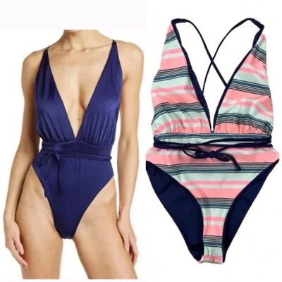 NEW $154 MAAJI 'Blue Depth Safari' One-Piece Reversible Swimsuit Navy Stripe M