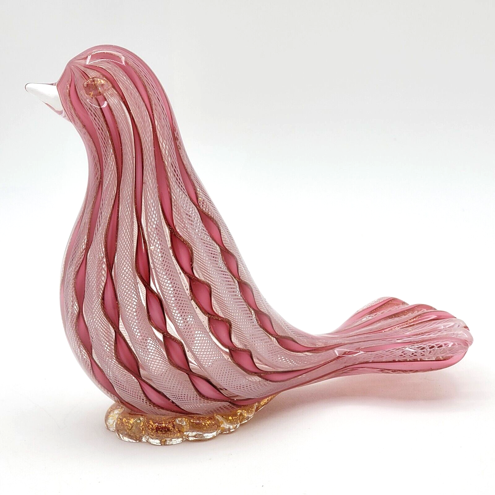 【ギフト】 Vtg Ribbon/Latticino Pink Bird/Zanfirico Glass Art Murano その他