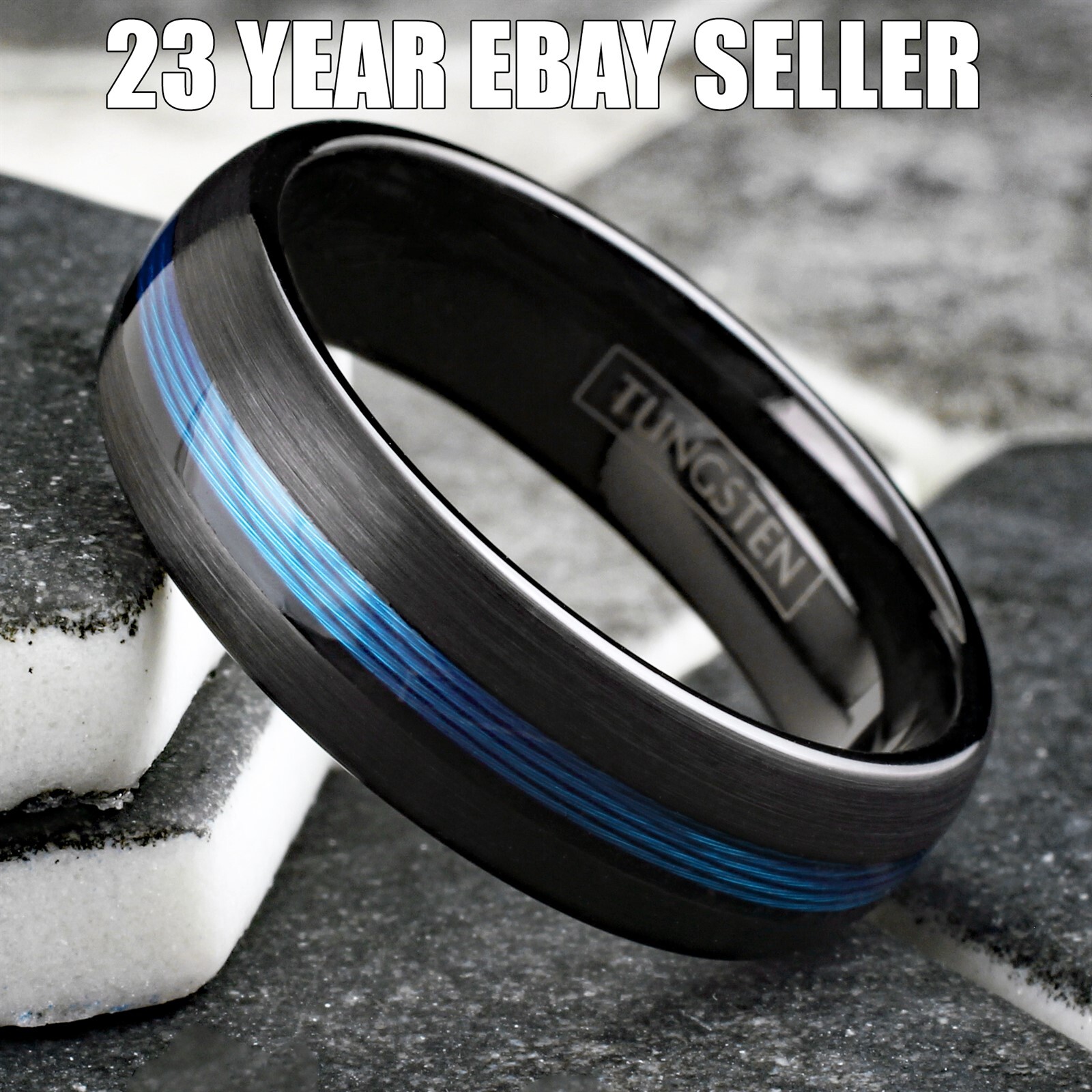 Tungsten Carbide Blue Fishing Line 7mm Brushed Band - Black or Rose Gold Plated