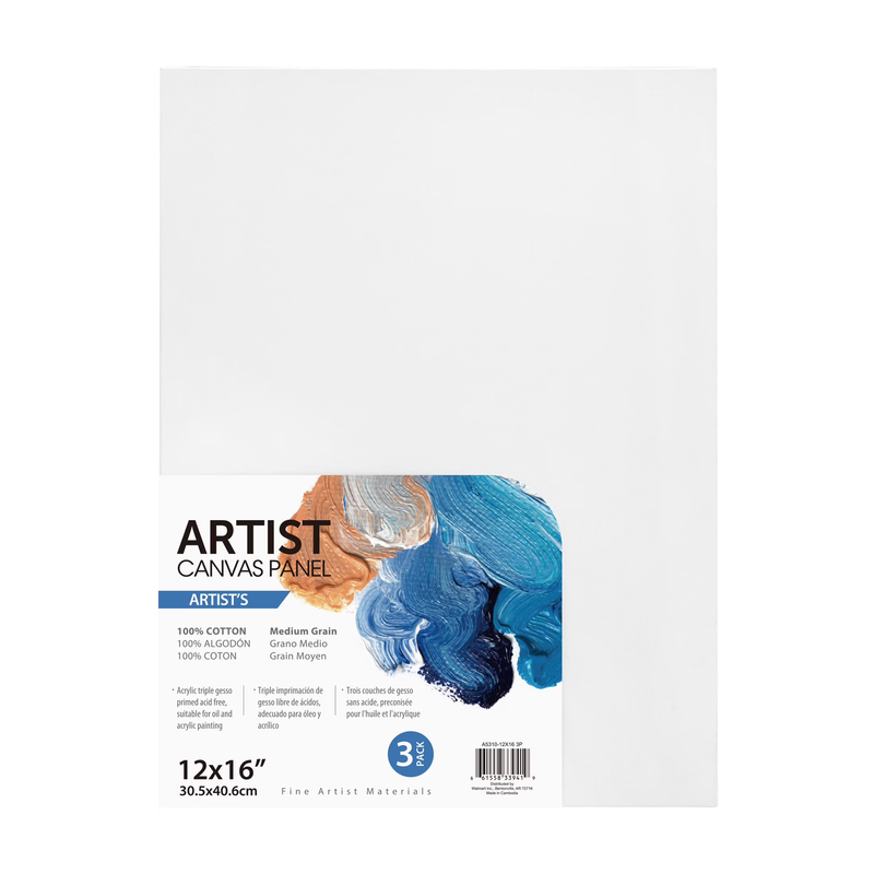 Artist Canvas Panel, 100% Cotton Acid Free White Canvas, 12"X16"