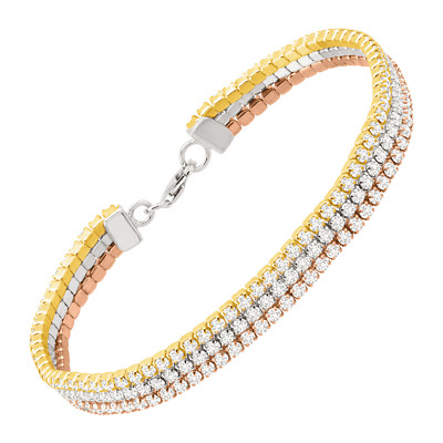 Finecraft Tri-Tone Triple Strand Tennis Bracelet with CZ 18K GP Sterling Silver