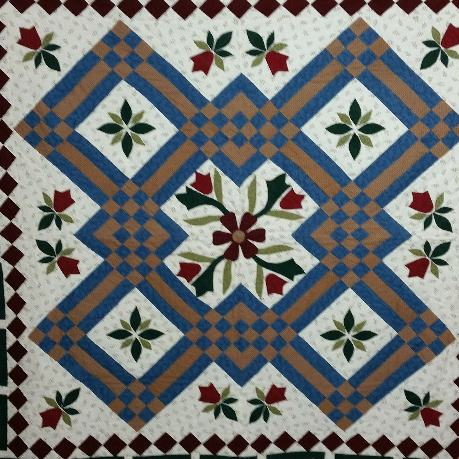 Geomtric Floral Patchwork Quilt Hand Quilted Hand Stitched Quilt Throw 65 x 65