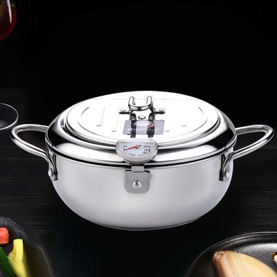 Japanese Style Deep Fryer Pot Stainless Steel with Thermometer Oil Drainer D2N6
