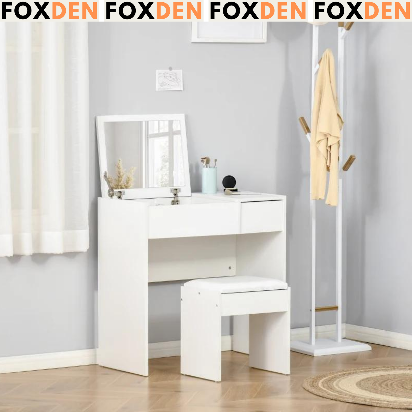 Vanity Table Makeup Desk with Drawer Flip-up Mirror and Cushioned Stool White
