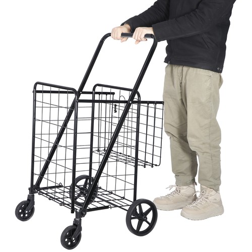 Folding Shopping Cart Utility Cart with Double Basket and Swivel Wheels 