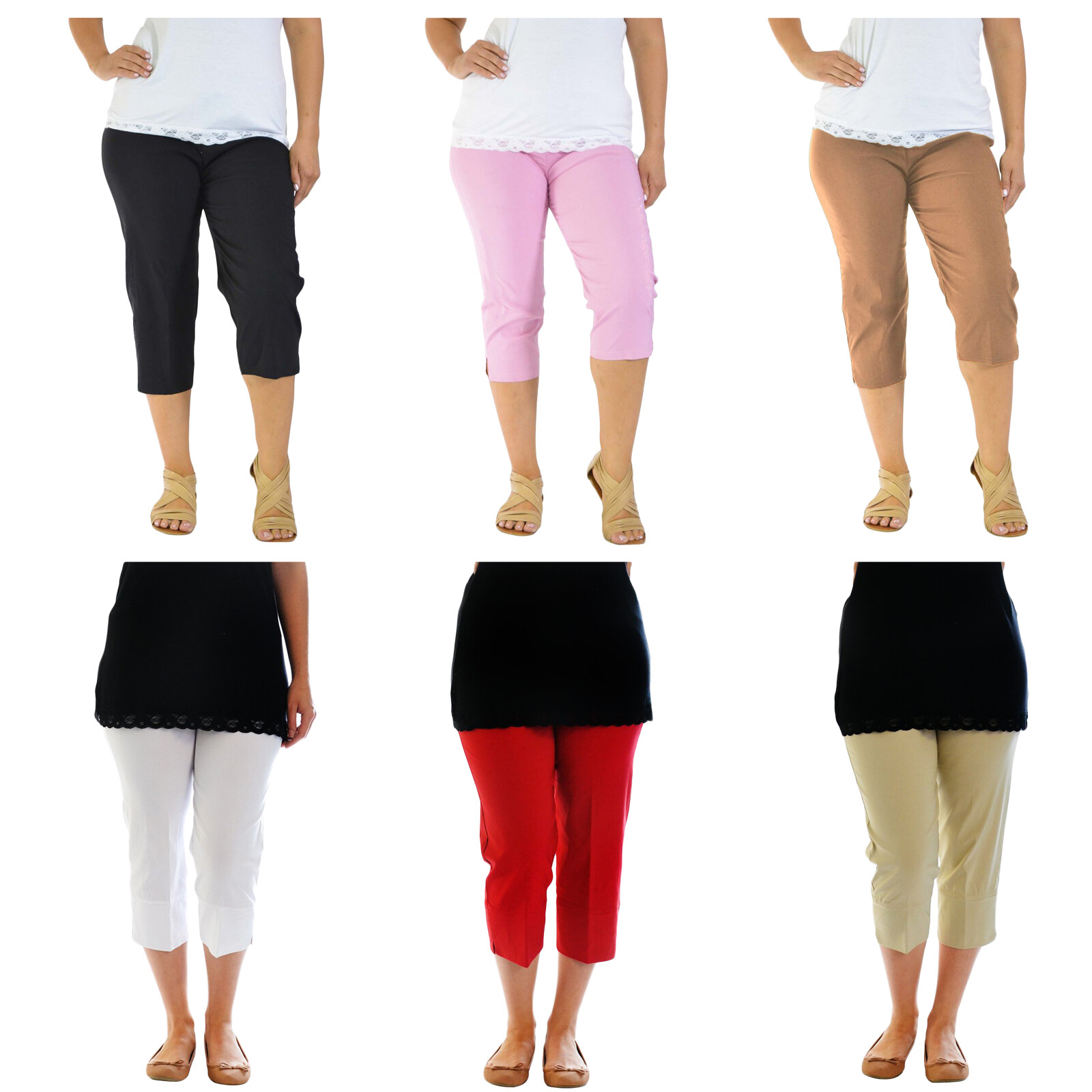 LADIES BENGALINE 3/4 THREE QUARTER TROUSERS STRETCH ELASTICATED WAIST