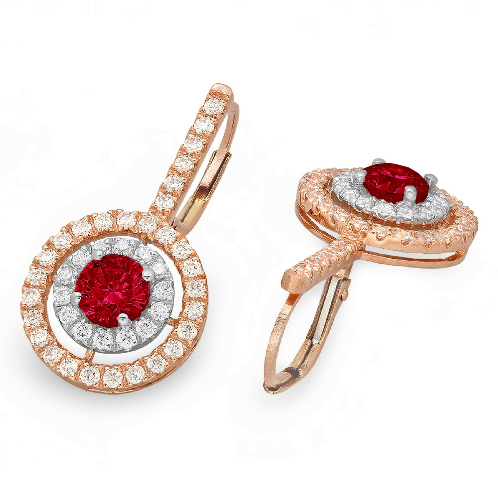 Pre-owned Pucci 2.4 Round Cut Halo Natural Red Garnet Drop Dangle Earrings Real 14k 2 Tone Gold