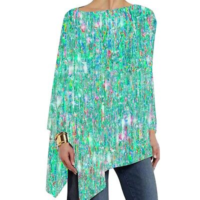 Women's Glitter Print Tops Plus Size Casual Loose Round Neck Long Sleeve Blouse