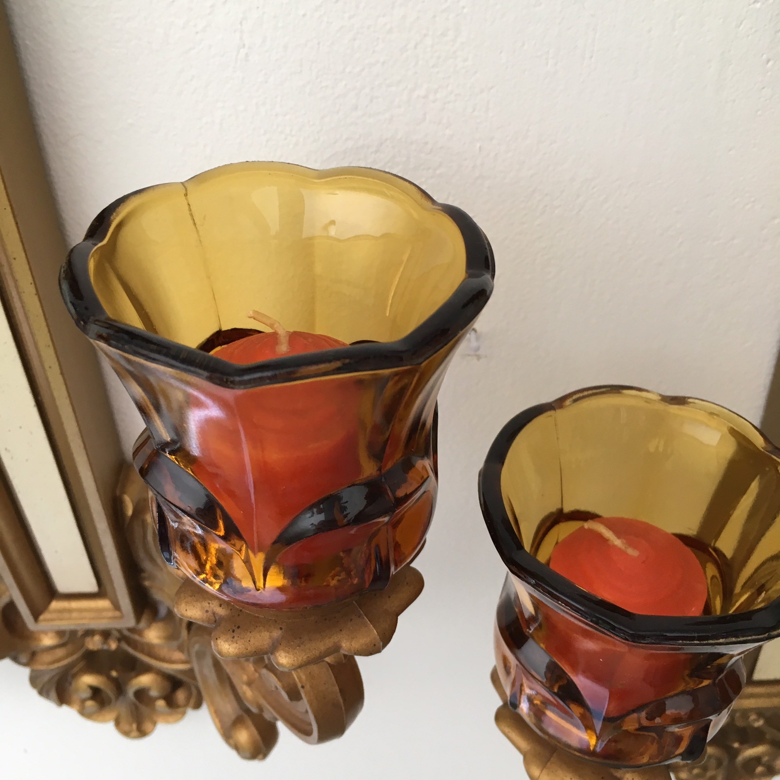 Set Syroco Wall Sconces Votive Glass Candle Holders Gold 4081 Homco Vintage 1969