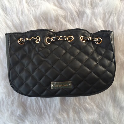 bebe Chelsea Crossbody Handbag Hobo Quilted Chain Pouch Purse Black RGT  