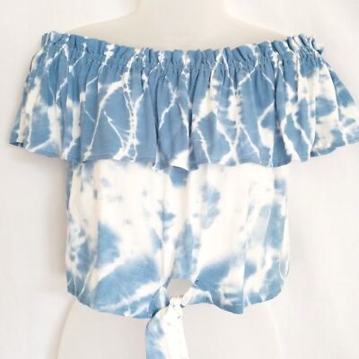 NEW Olive & Grey Size Small Off-Shoulder Tie Dye Front Knot Crop Top Beachy Boho