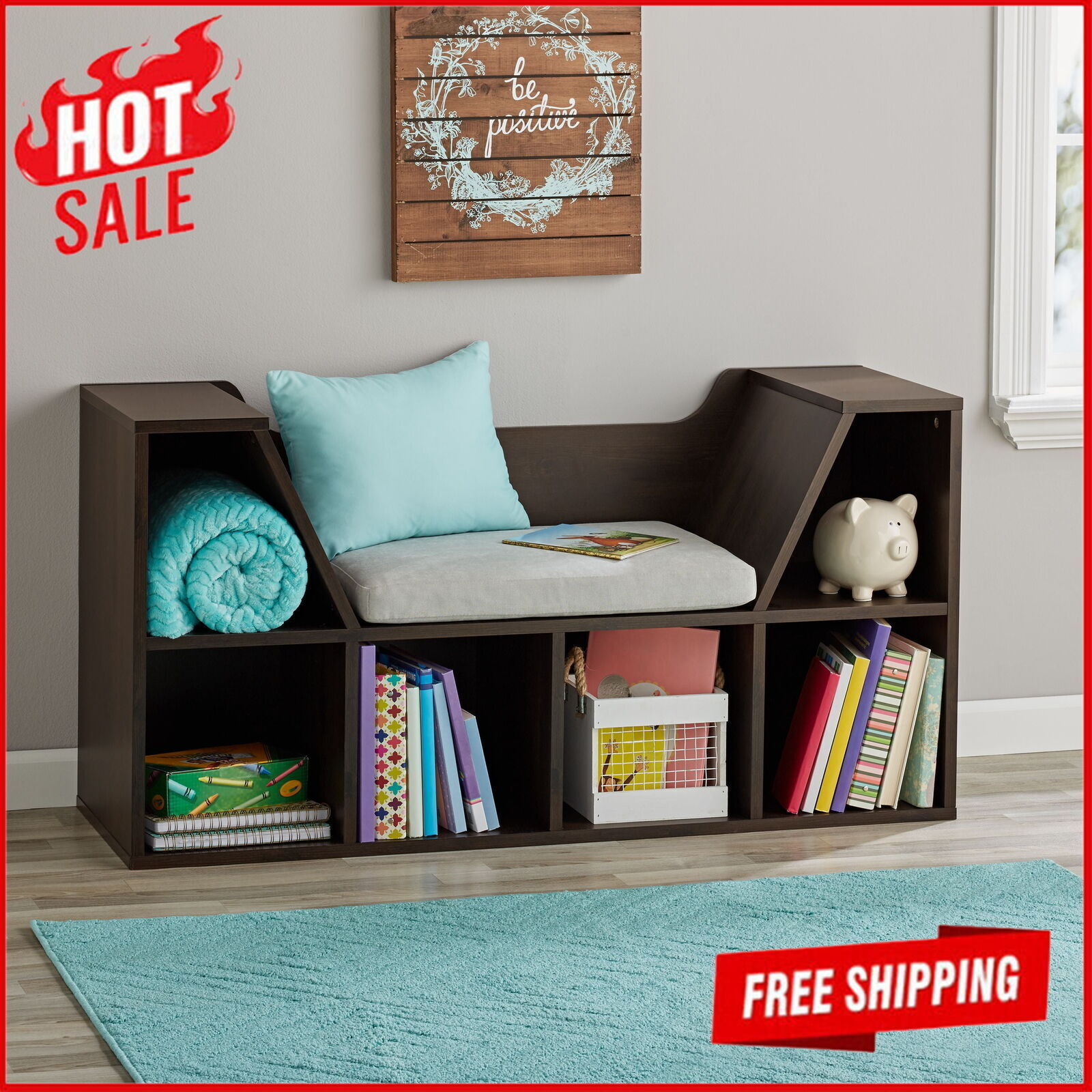 Storage Bookcase Kids Reading Book Bench Seat Cushion Compartment Easy Assemble
