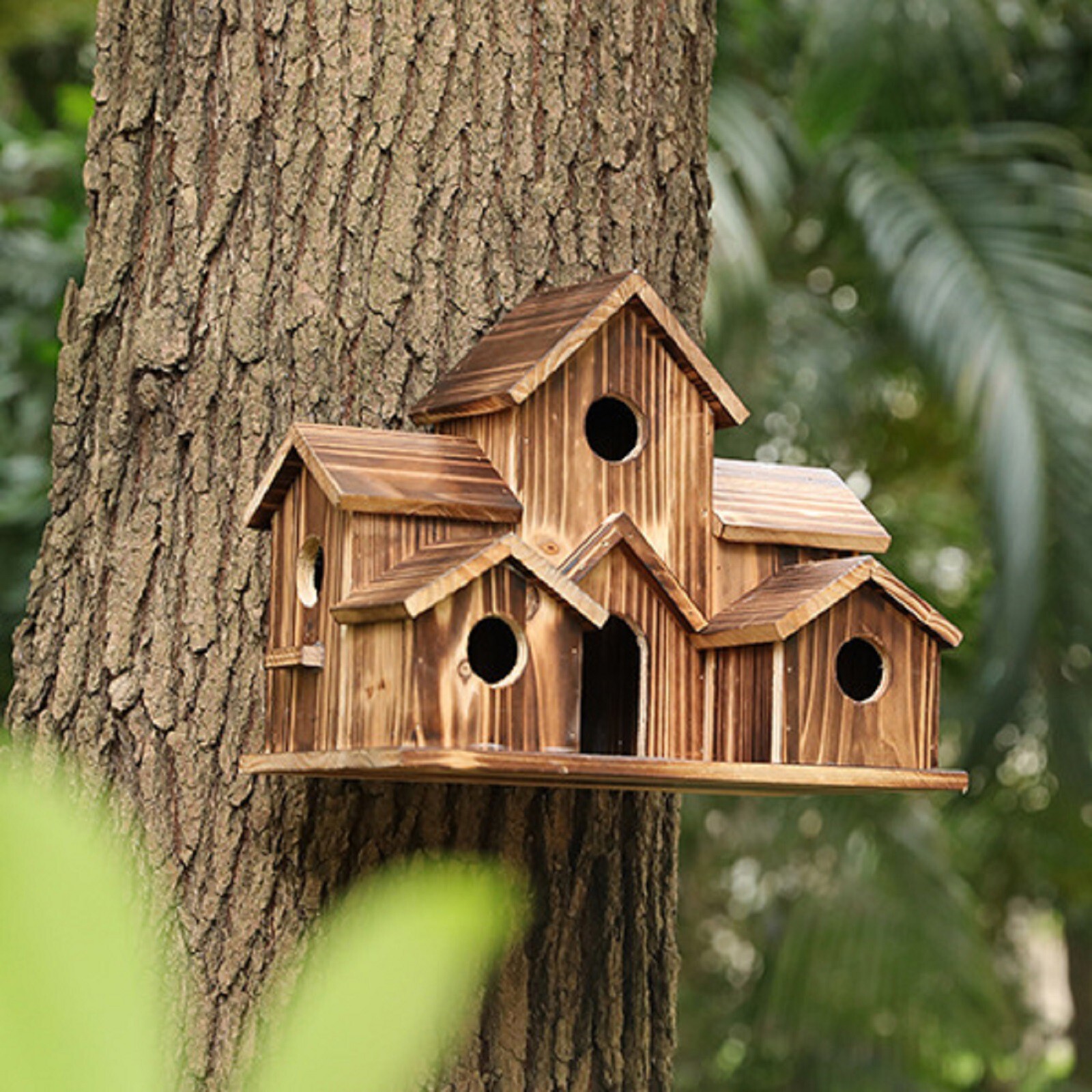 Outside Wooden Bird Houses Hanging 6 Hole Handmade Natural Bird House Yard New