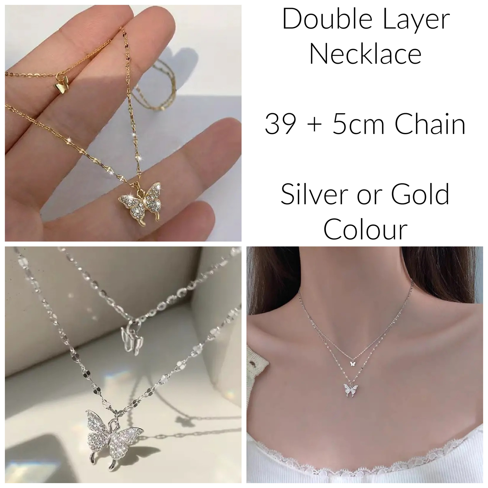Double Layer Butterfly Necklace * 39+5cm 15.35+2inch chain * choose metal colour
