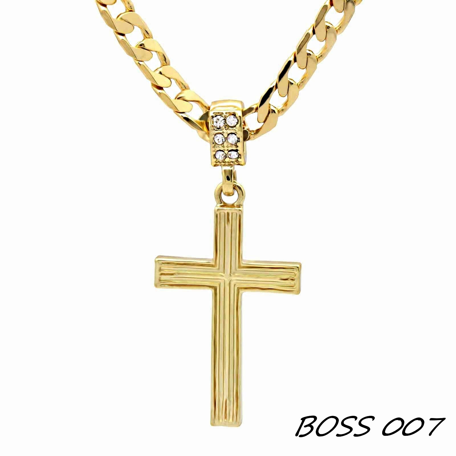 BREND 14k Gold Plated Flat  Miami Cuban chain Necklaces on Two Cross Pendant 12