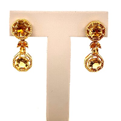 Designer FARA Gold Plate Sterling Silver & Hexagon Cut Citrine Dangle Earrings
