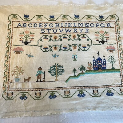 Whitman Embroidered Sampler No. 2 Alphabet Handstiched Raw Edge Unframed Country