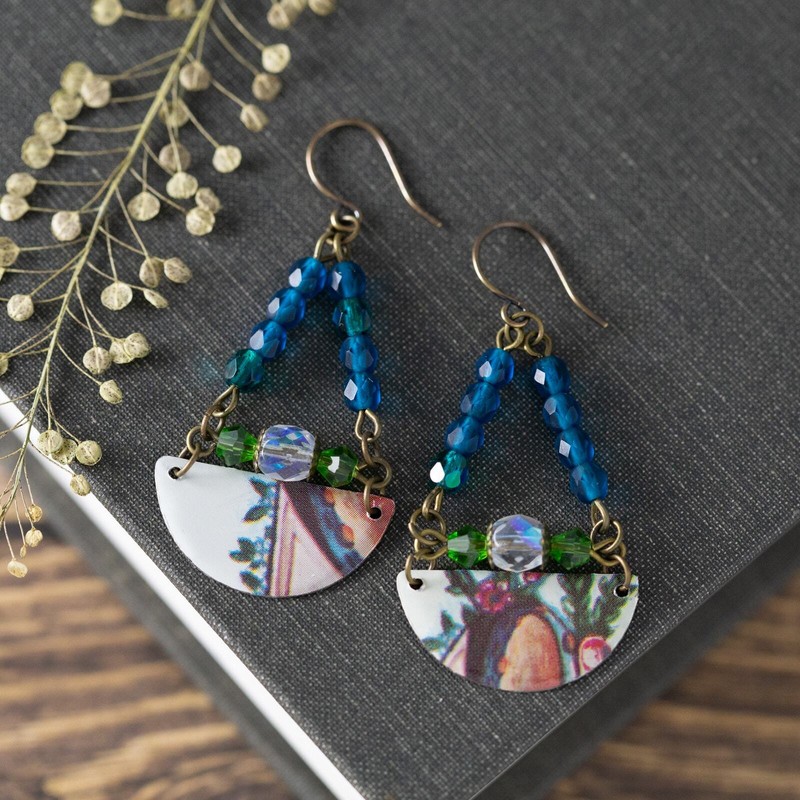 Colorful Boho Semicircle Beaded Earrings, Bohemian Handmade Vintage Tin Jewelry